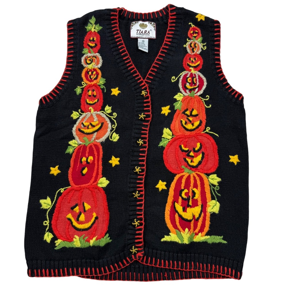 VTG Tiara International Halloween Pumpkin Sweater Vest Knit Teacher Medium